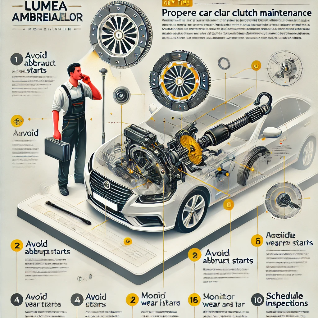 Infografic despre întreținerea corectă a ambreiajului, cu ilustrații despre utilizarea eficientă și prevenirea uzurii premature, realizat de Lumea Ambreiajelor.ro.